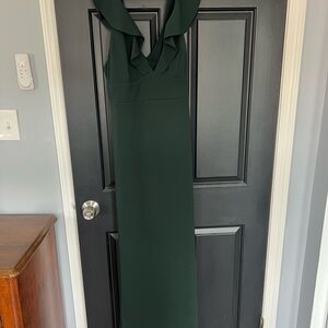 Green Ruffled V-Neck Crepe Gown